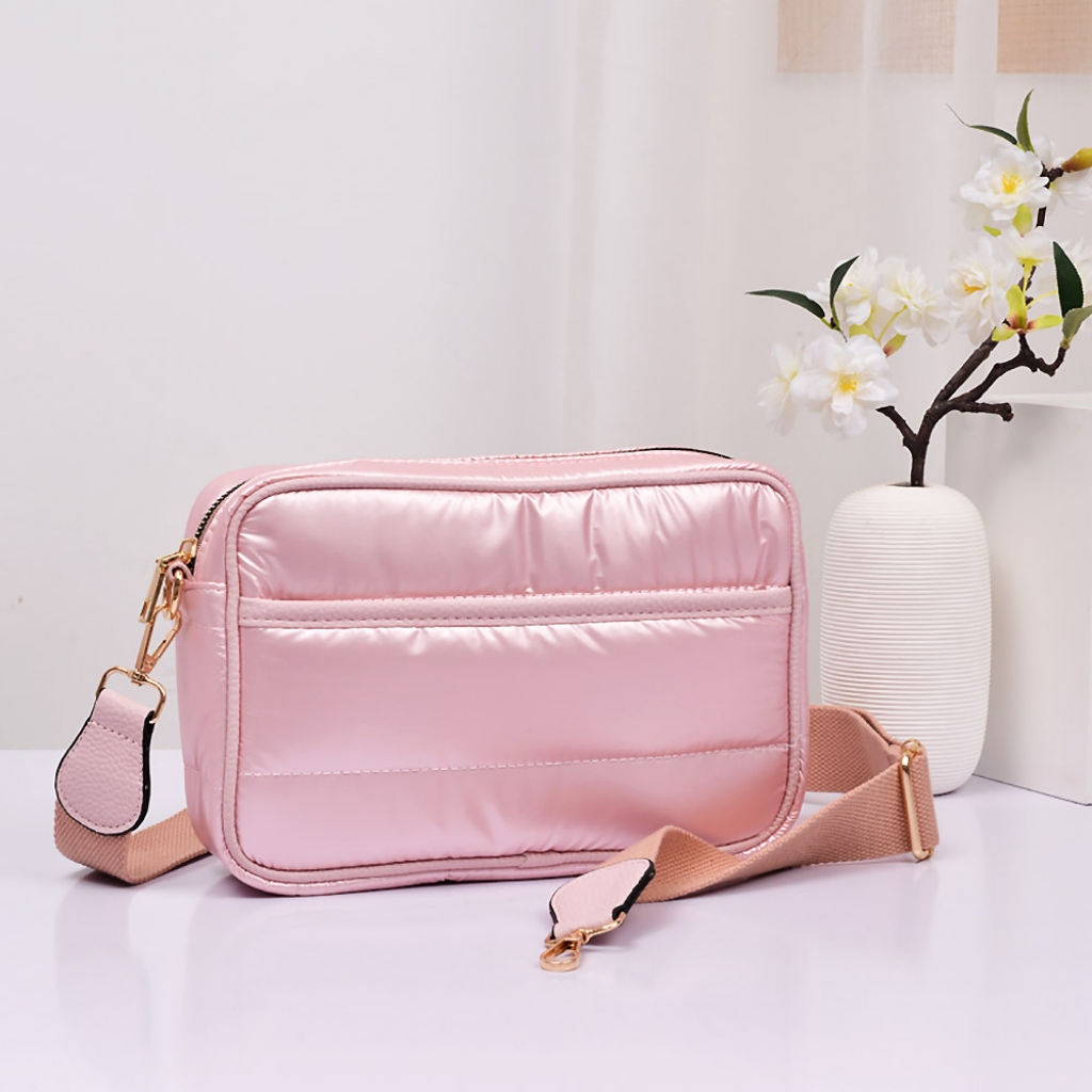 Pink Puffer Cross Body Bag Purse Rectangle Womens Fashion Accessory Statement